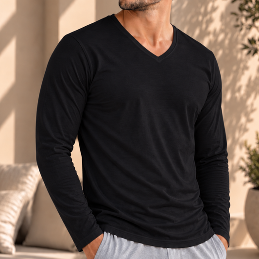 تي شيرت بأكمام طويلة ورقبة على شكل حرف ڤي - أسود - 3 قطع
