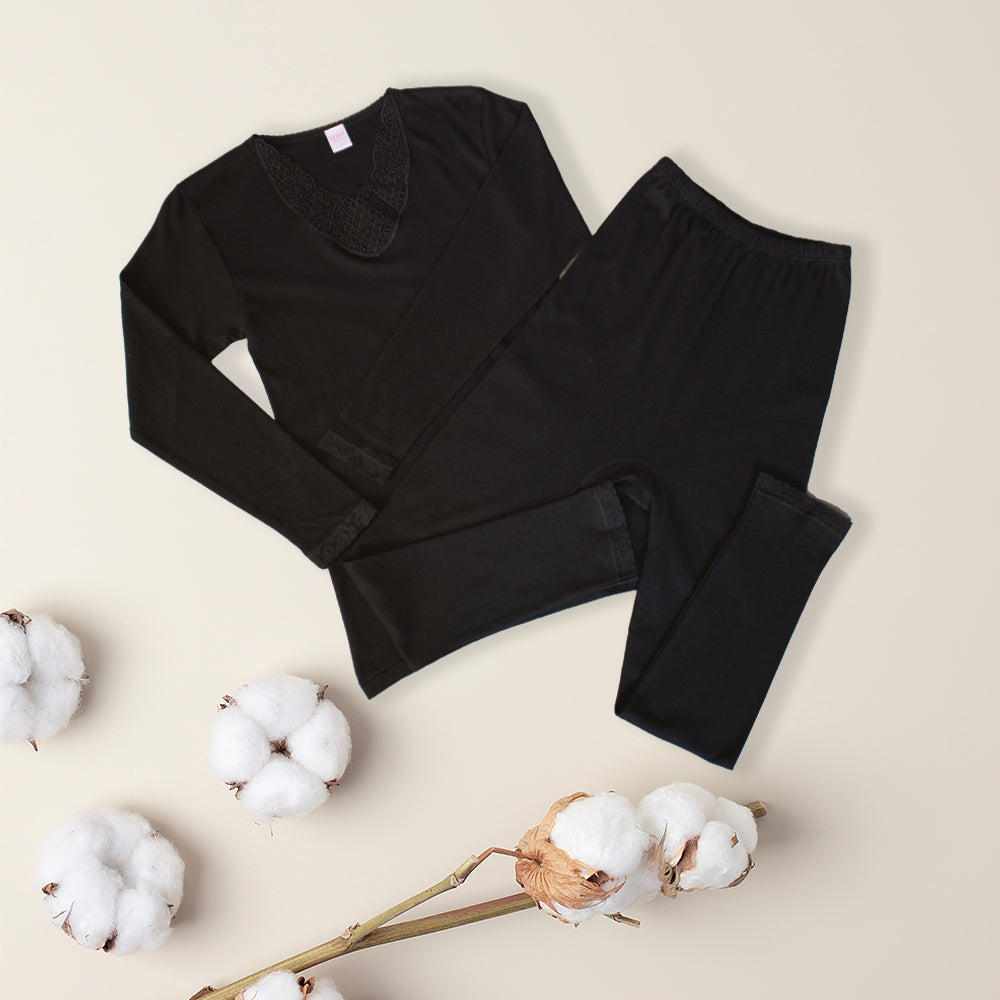 طقم بيجاما نسائي - قطن 100% - أسود